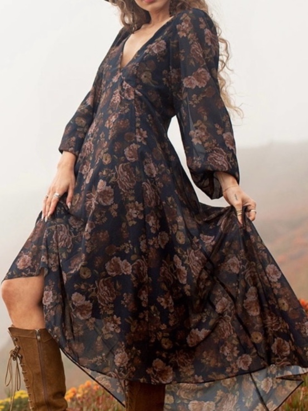 Joyfolie Mía Joy Sheer Floral V-Neck Long Sleeve Maxi Dress in Navy and Brown